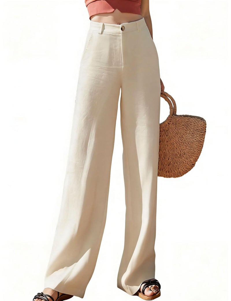 Hooever Womens Casual High Waisted Wide Leg Pants Button Up Straight Leg Trousersï¼ˆApricot-XLï¼‰ - Image 1